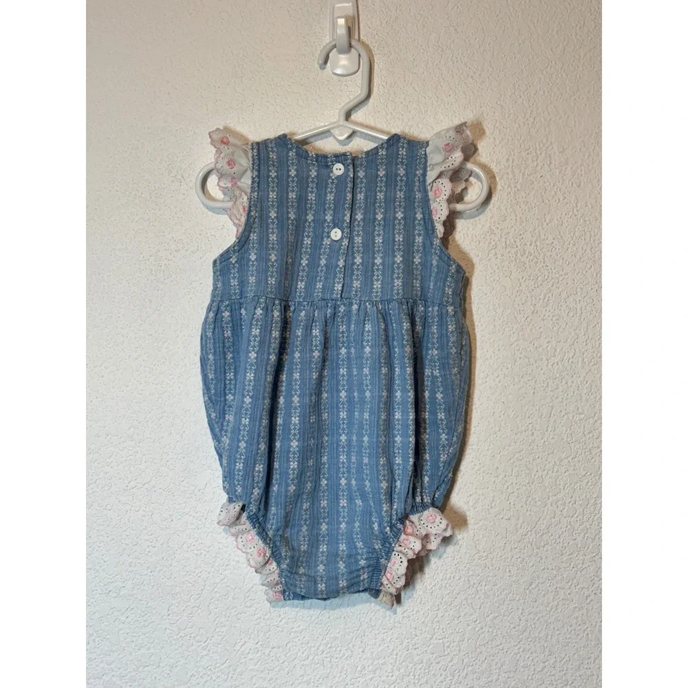 Vintage OshKosh Bgosh Blue Floral Stripe Eyelet Bubble Romper 24M Made in USA